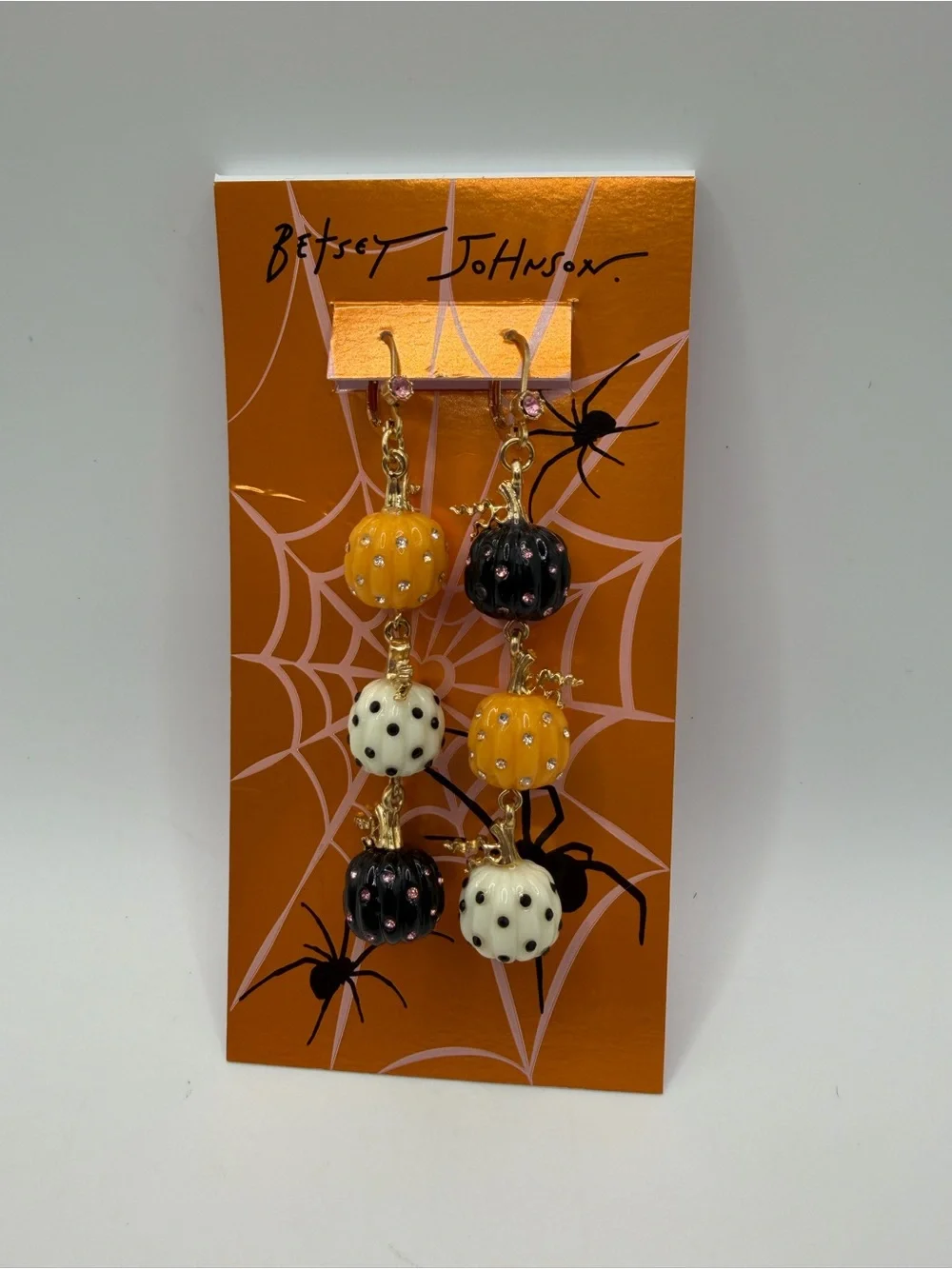 Betsey Johnson Orange, Black & White Pumpkin Drop Earrings